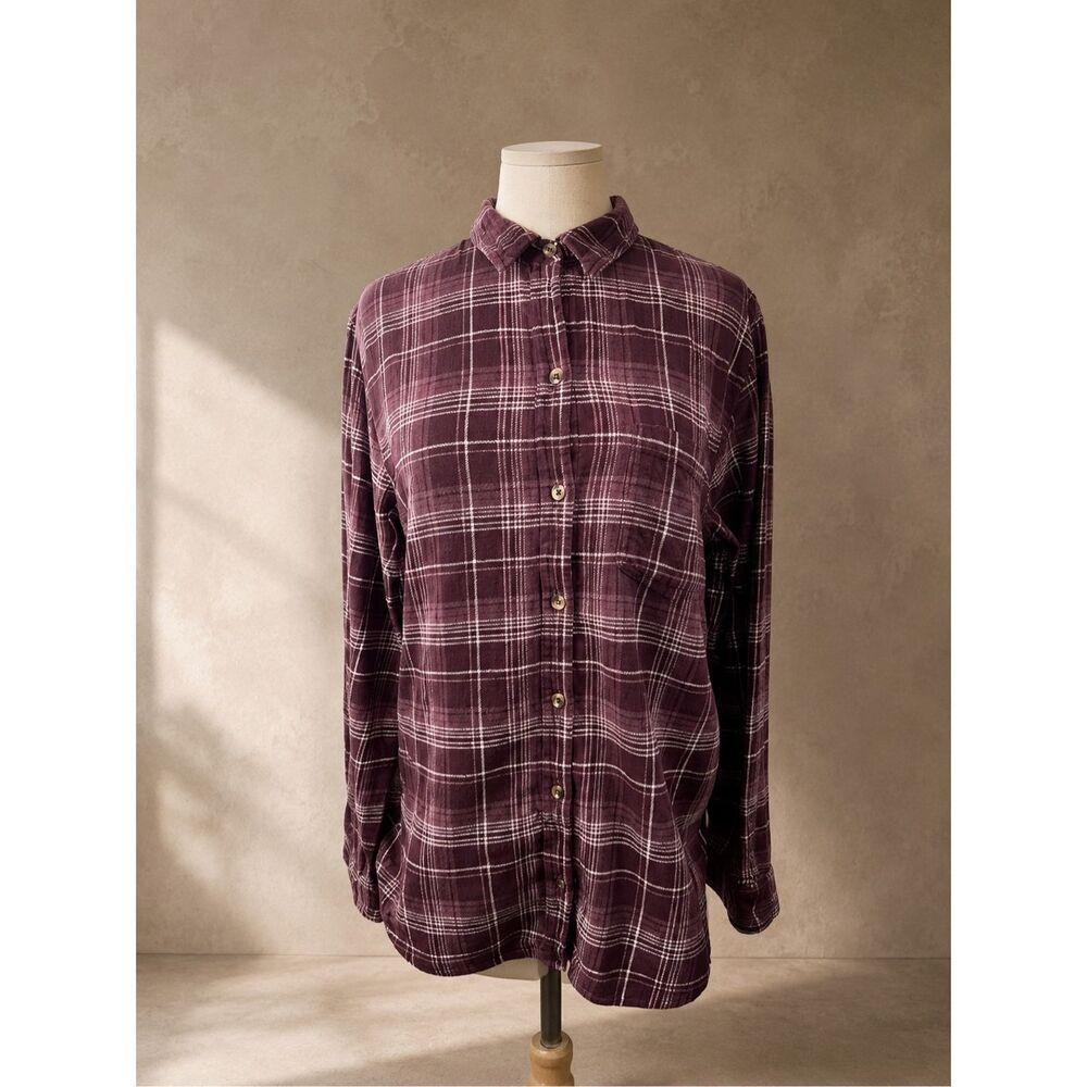 Sonoma Sz M Plaid Flannel Button Front Shirt Maroon Burgundy Cotton